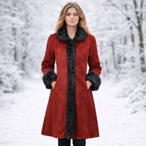 Novelt’i Red Faux Suede Faux Fur Trim Penny Lane Coat 70s Boho L